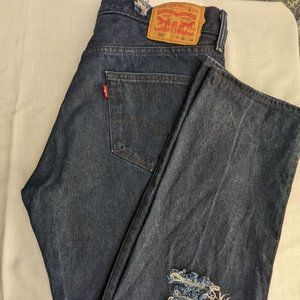 Levi 501's Size 36/34 White Oak Cone Denim, Dark Wash, Distressed